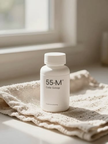 Aesthetic wellness scene with a sleek white supplement bottle next to a linen towel, soft daylight, 35mm