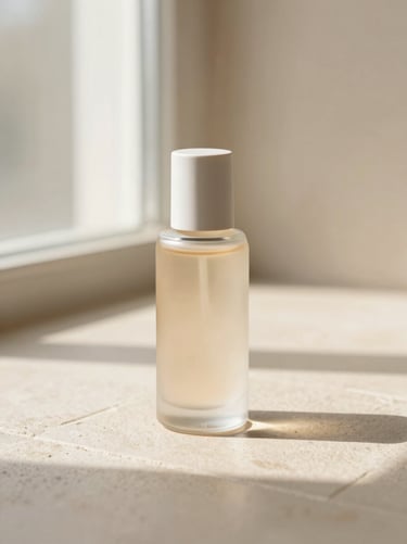 Minimalist beauty product photography, a clear glass bottle casting soft shadows on a beige stone tile, 35mm