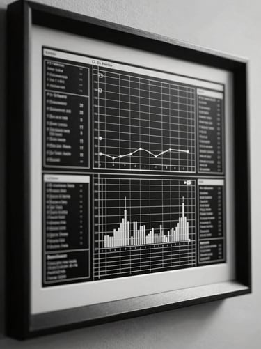 Clean, unadorned wireframe of a data dashboard framed within strict geometric borders, high-contrast grayscale, sharp lines.