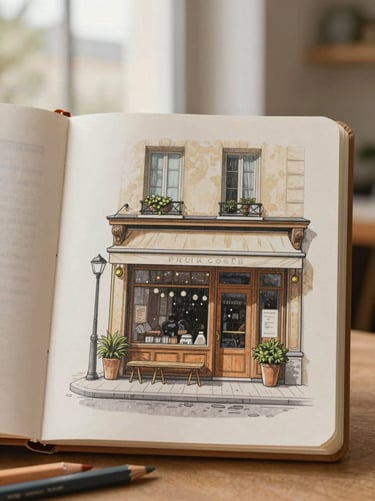 A close-up of a coloring book page depicting a quiet Parisian cafe facade, colored pencils scattered nearby, soft morning light