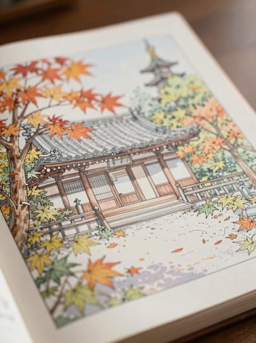 A close-up of a coloring book page of a quiet Kyoto temple surrounded by maple leaves, soft focus, warm 35mm photography