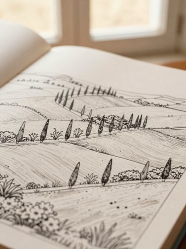 A close-up of a coloring book page of rolling Tuscan hills and cypress trees under soft golden hour light