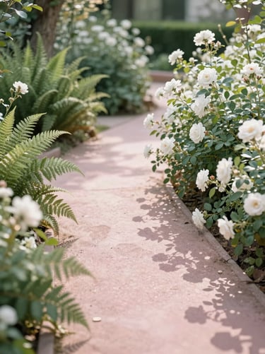 Sun-dappled garden path winding through lush green ferns and wild white roses, soft overcast outdoor daylight