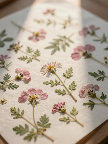 Pressed wildflowers arranged on handmade parchment paper, macro botanical details, diffused golden-hour window light