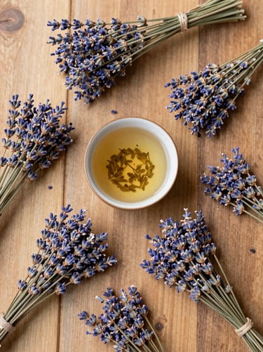 Overhead flatlay of dried lavender bundles and a ceramic bowl of herbal tea on a rustic wooden table, warm diffused light