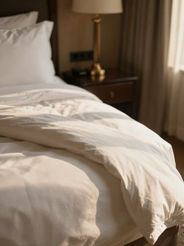 Warm-toned close-up of a luxury hotel bed with crisp white linens, golden hour light, shallow depth of field