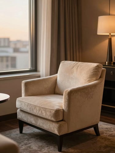 Elegant hotel suite living area with a velvet armchair, warm ambient evening glow, 35mm photography