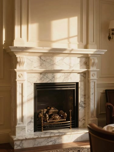 Sun-drenched corner of a grand hotel suite, marble fireplace, warm golden light, editorial crop