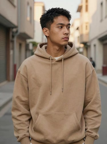 Candid lifestyle shot of a modern believer wearing a sand-colored heavyweight hoodie, looking away from the camera in a quiet urban alley during golden hour.