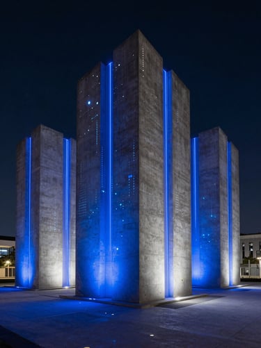 Wide panoramic view of monolithic modern concrete architecture at night, illuminated by sharp cobalt blue light installations representing data flow, high contrast.