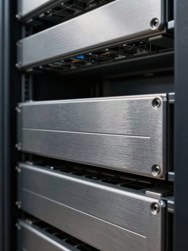 Wide panoramic extreme macro close-up of brushed steel server racks under low-key cool silver lighting, deep shadows, architectural precision.