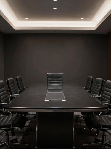 Wide panoramic shot of an empty executive boardroom with a dark glass table, dramatic chiaroscuro lighting, deep charcoal tones, sharp silver accents.