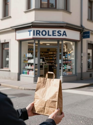 Environmental wide shot of a real Tirolesa street corner at midday light — a small pharmacy storefront visible in the background, a person's hands in the foreground holding a brown paper bag, natural daylight, no posed staging, documentary feel.