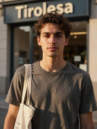 Close-up portrait of a young man in casual clothes, face visible and relaxed, standing in front of a Tirolesa storefront in golden-hour light, carrying a cloth bag over one shoulder — genuine, unposed, neighborhood-real. No uniform, no branding on clothing.
