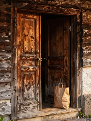 Close-up portrait frame: a weathered wooden door of a Tirolesa home, slightly ajar, afternoon golden light falling across the threshold, a paper bag resting against the doorstep — intimate, still, neighborhood-real. No people, no branding, no text.