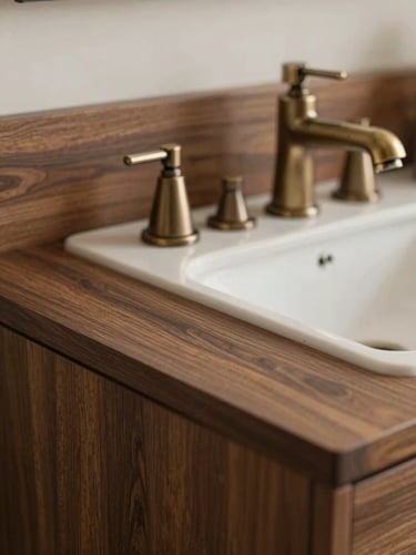 Close-up of a bespoke vanity suite, hand-finished bronze fittings integrated into dark timber, shallow depth of field, 35mm