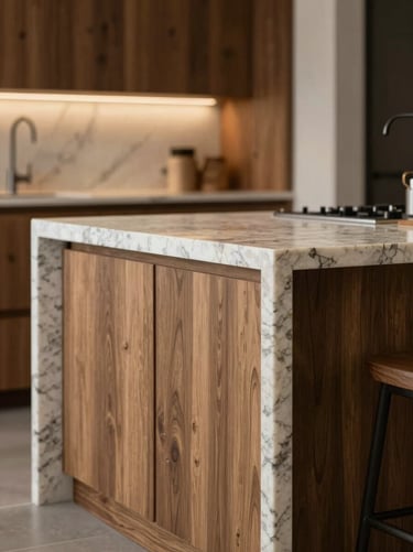 A bespoke kitchen island carved from a single block of quartzite, raw timber cabinet detail, low-key moody side-lighting, 35mm