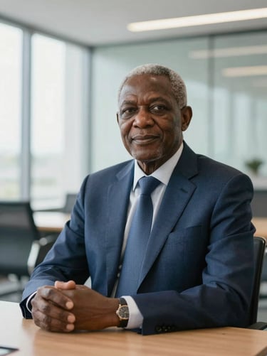 Portrait of a senior African male digital banking authority, modern boardroom setting, professional lighting, shallow depth of field, 35mm