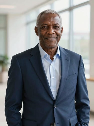 Portrait of a senior African male financial economist in a navy suit, clean corporate background, bright natural light, shallow depth of field, 35mm
