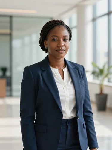 Portrait of a professional African female risk management expert, elegant corporate office Casablanca, bright natural light, shallow depth of field, 35mm