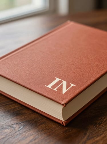 Close-up of a book with a textured terracotta cover, elegant cream serif typography on the spine, lying on a dark oak table