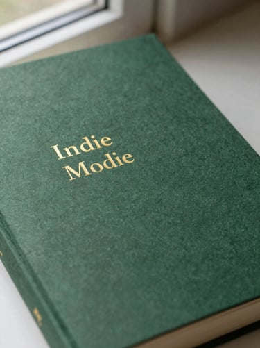 Close-up of an indie poetry volume with a forest green cover, minimal gold foil lettering, soft side lighting