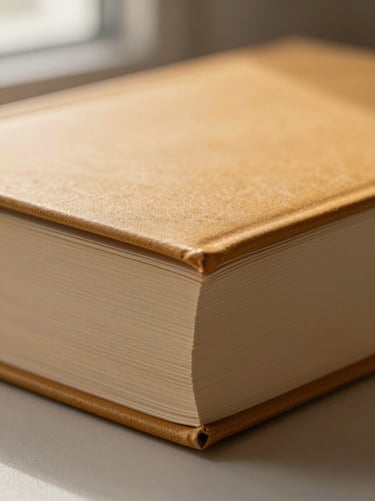 Close-up of a thick literary fiction book with a warm ochre cover, deckled paper edges visible, soft shadows