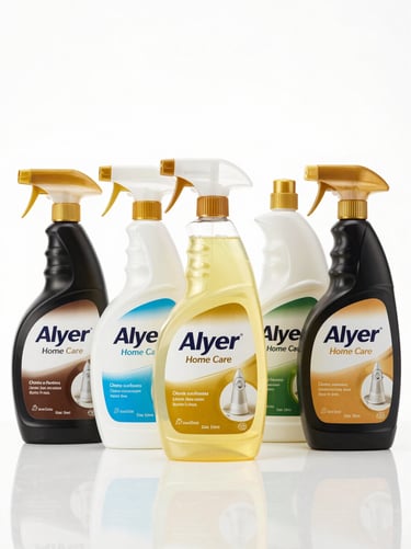 Premium commercial shot of Alycer home care line, sleek floor cleaner and dishwash gel bottles on a reflective white surface, bright studio lighting, gold accents