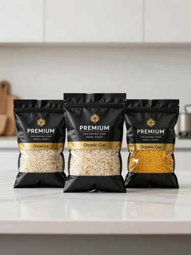 Premium food products, basmati rice and organic dal in minimalist packaging on a clean kitchen counter, soft daylight
