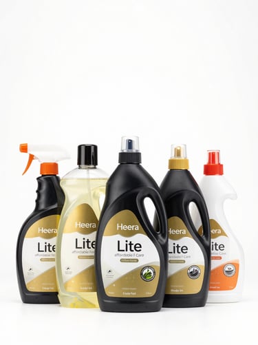 Clean product lineup of Heera Lite affordable home care, floor cleaner and handwash bottles arranged neatly, bright professional commercial lighting