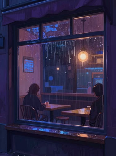 Atmospheric digital painting of a rainy cafe window at night, warm neon blue reflections, romance novel cover style, sharp focus