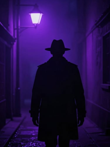 Dark cinematic detective silhouette under a neon violet street lamp, misty alleyway, mystery book cover, sharp focus