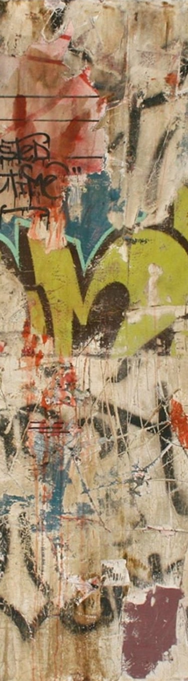 Abstract urban mixed media painting with layers of street art graffiti, torn paper, and textured acrylic paint.