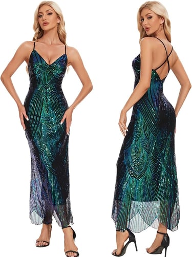 lexQueen women's V-neck spaghetti straps sequin glitter prom dress with irregular hem, backless maxi