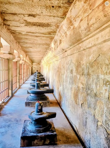 Sacred Shivalingas aligned in the corridor of Brihadeeswara Temple, Thanjavur