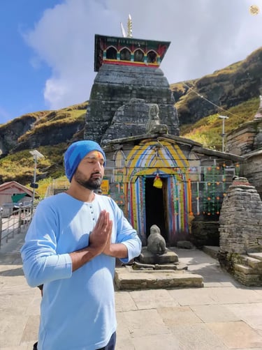 Meditating at Tungnath Temple, Chopta, Uttarakhand Himalayas, serene spiritual setting.