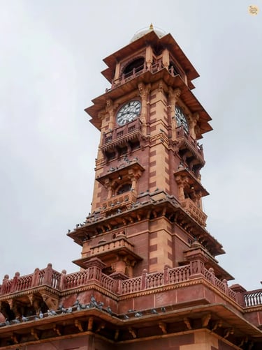 Iconic Ghanta Ghar Jodhpur standing gracefully above the vibrant streets of Sardar Market in the Blue City.