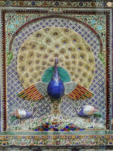Intricate peacock design with mirrored tiles at Mor Chowk, City Palace Udaipur Rajasthan.