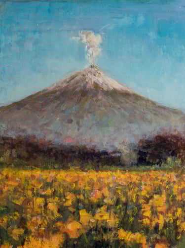 Pintura al óleo del popocatépetl con fumarola frente a un campo de flores