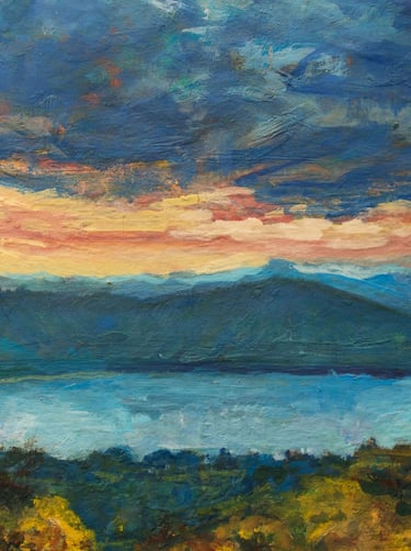 Pintura al óleo de la laguna de Santa María del Oro en Nayarit, atardecer rojizo nublado