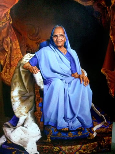 an oil on canvas portrait depicting an old Indian woman wearing saree sitting on a royal chair