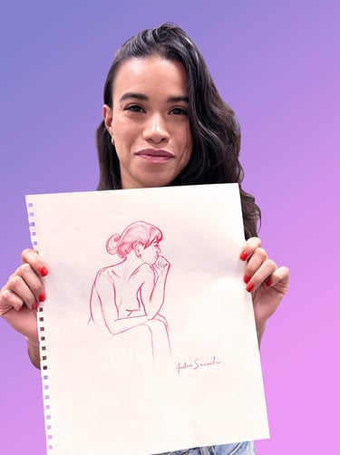 Portrait of me with side hair, holding a drawing of a woman's side profile in red color pencil.