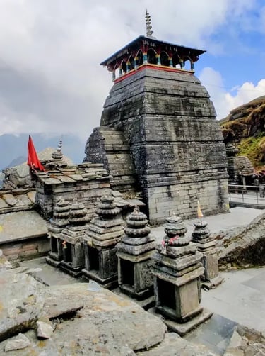 Tungnath Temple with surrounding small shrines, Chopta, Uttarakhand Himalayas.