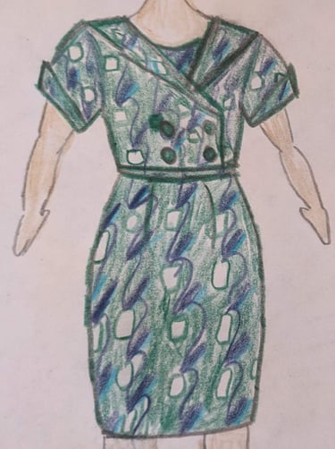 The fashion sketch of a green art nouveau reversible sheath dress and 50's inspired cropped jacket