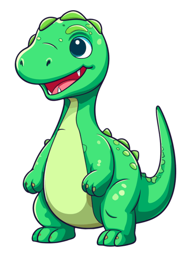 Illustrazione di un dinosauro verde sorridente in stile cartone animato, utilizzato per contenuti divertenti e dedicati ai ba