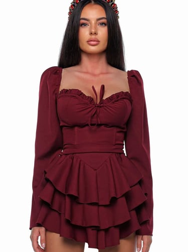Rochie cu decolteu adânc și fustă cu volane, umeri bufanți și imprimeu exclusiv,