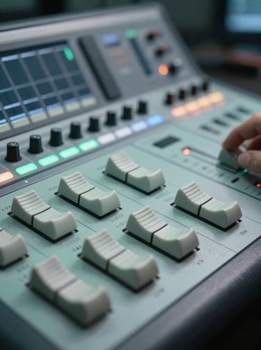 A close-up of a high-end video editing console with backlit keys in dusty seafoam and soft mist white, professional studio environment.