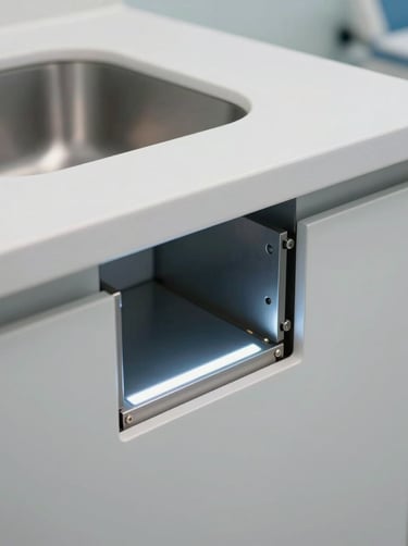A close-up architectural shot of a custom medical cabinet joint, seamless white solid surface countertop, integrated clinical sink, brushed steel hardware, cool LED illumination.