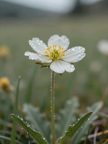 Macro photography of a delicate wildflower in the North American / US Rockies, dew drops visible, shallow depth of field, Olive Green and Sage Green natural tones.
