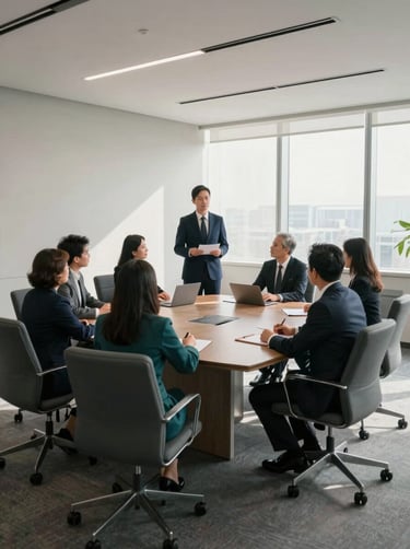 A professional wide shot of a modern office conference room where a security audit is taking place. Professional attire, muted teal and dark slate grey furniture, and bright off-white natural light.